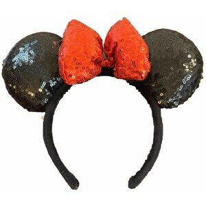 Disney Parks Minnie Mouse Sequined Headband Black With Red Bow